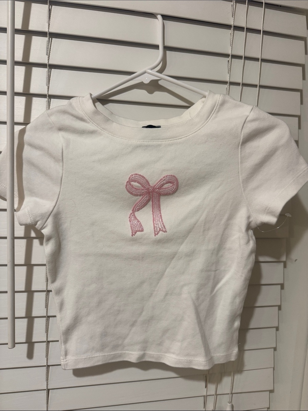 White Tee with Pink Bow bead accent